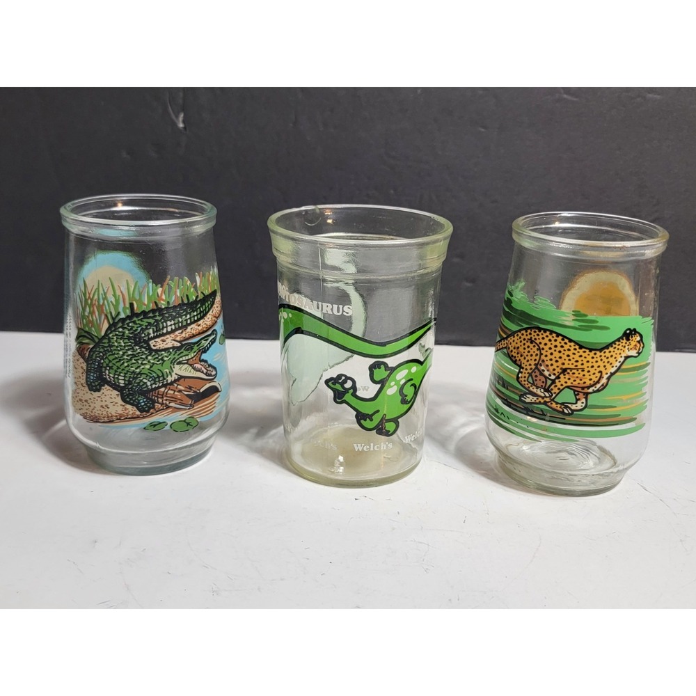 Welch's Endangered Species & Dinosaur Glass Jar Set of 3 Crocodile Cheetah 4in
